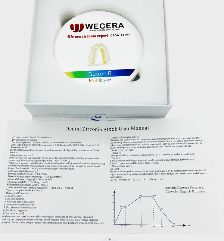 Chemical Solubility below 100 micrograms per square centimeter dental zirconia block ideal for dental crown and dental bridge fabrication
